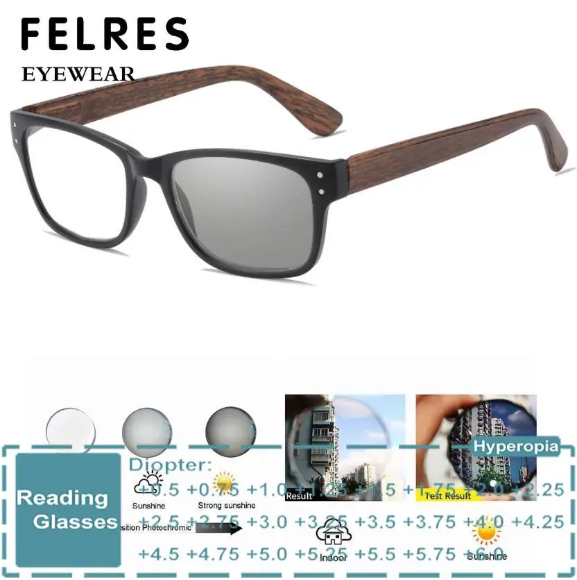 

Square Imitation Wood Photochromic Reading Glasses Men Square Prescription Glasses Outdoor Color Changing Sunglasses Readers