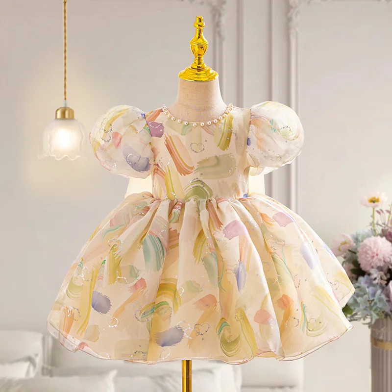 

Bubble Sleeve Bow Dress, Summer Baby's First Birthday Party, Girls' Princess Dress
