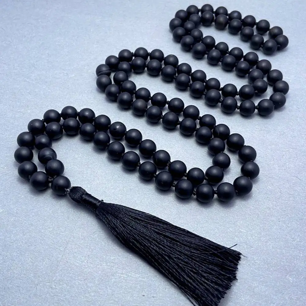 

Natural Black Onyx 108 Beads Mala Necklace with Black Tassel Spiritual Meditation Jewelry