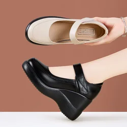 8cm Breathable Comfortable Shallow Thick Bottom Platform Wedges Shoes 2025 Spring Genuine Leather Shoes Woman High Heels for Mom