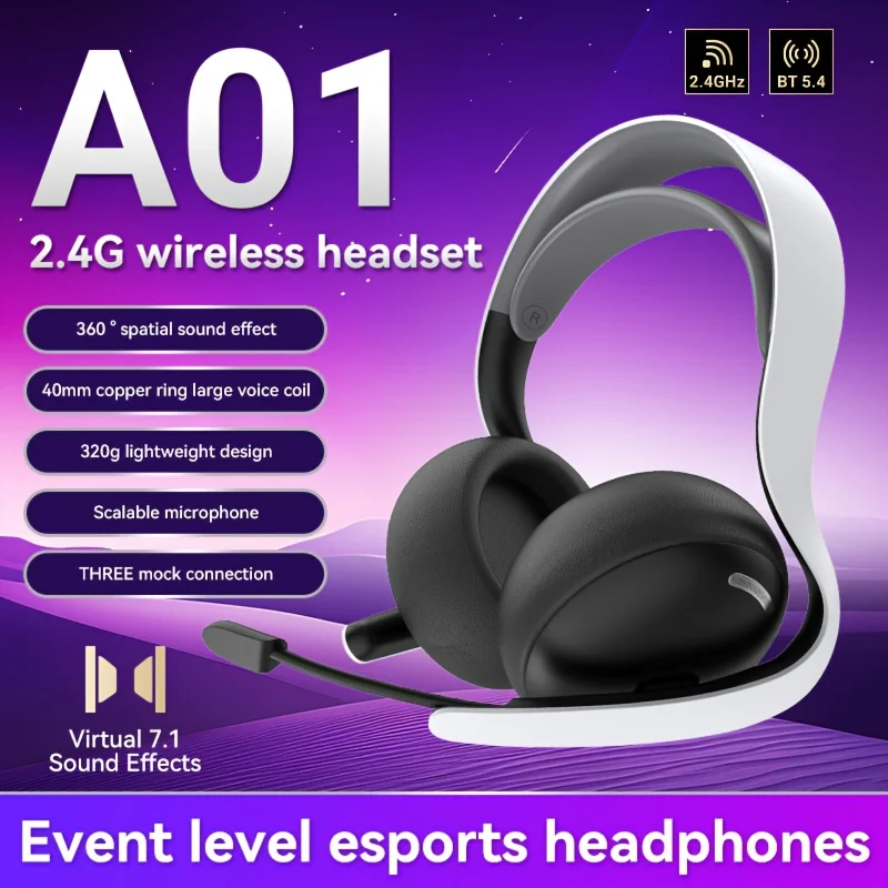 Wireless headset, head-mounted, 4-mode connection, USB-C wired/USB receiver/3.5mm/800mAh battery