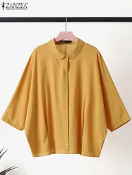 ZANZEA Elegant Lapel Neck 3/4 Sleeve Blouse Summer Fashion Shirt Women Work Buttons Down Tops Tunic Female Casual Cotton Blusas