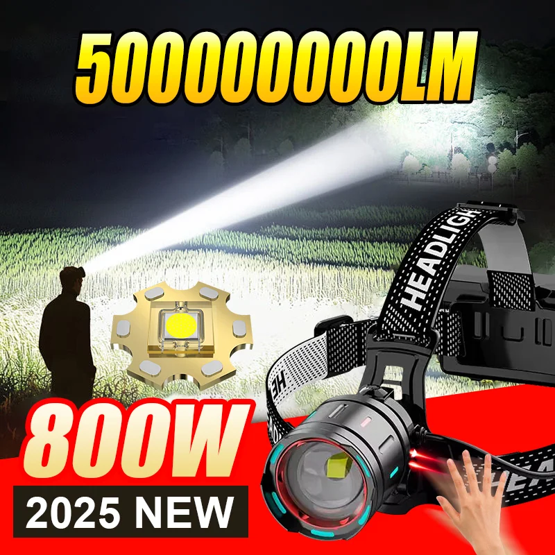 2025 Nouveau phare LED haute puissance 800W 500000000 LM – lampe frontale étanche à Zoom Super lumineux, lanterne pour Camping en plein air, travail, chasse