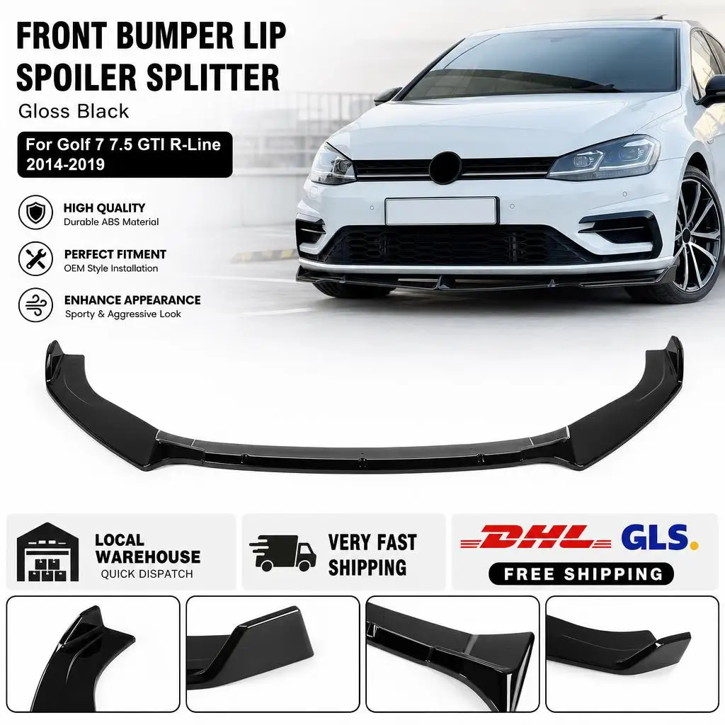 Do VW Golf 7 7.5 GTI R-Line 2014-2019, błyszczący czarny, 3-częściowy zestaw do przedniego zderzaka, dyfuzor, spojler, splitter, body kit
