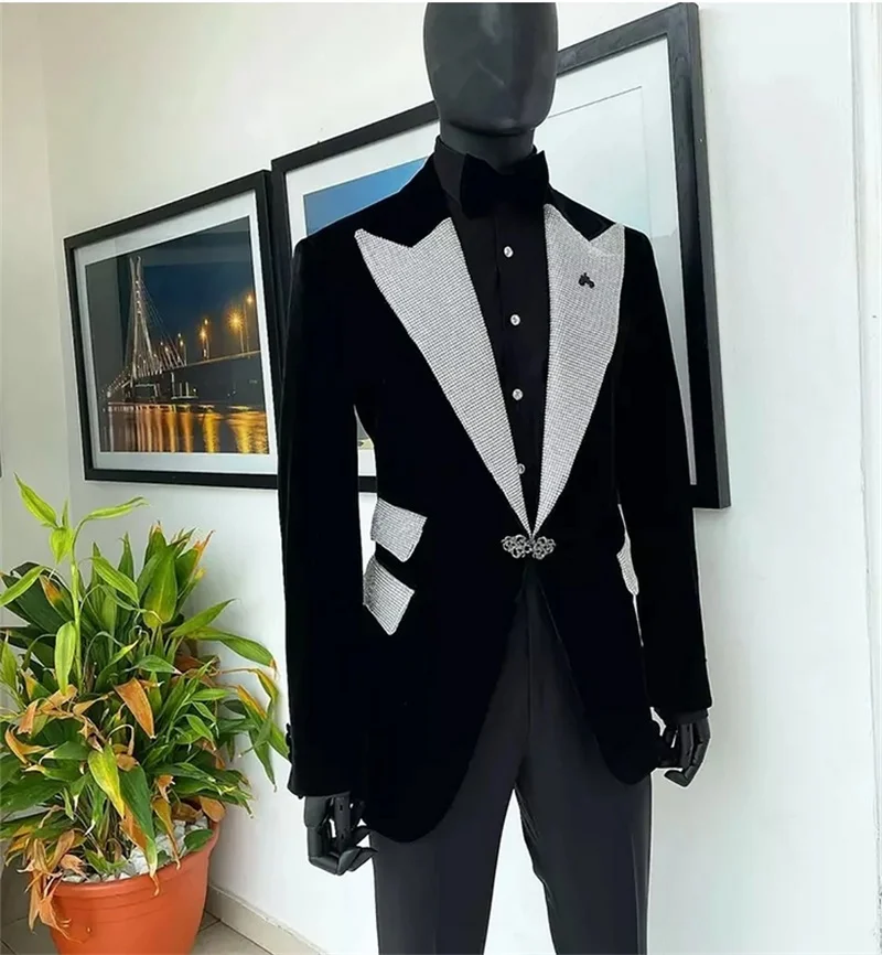 Conjunto de trajes de terciopelo para hombre, chaqueta de 2 piezas + pantalones de algodón negros, chaqueta de esmoquin para boda, abrigo Formal de oficina y negocios para hombre