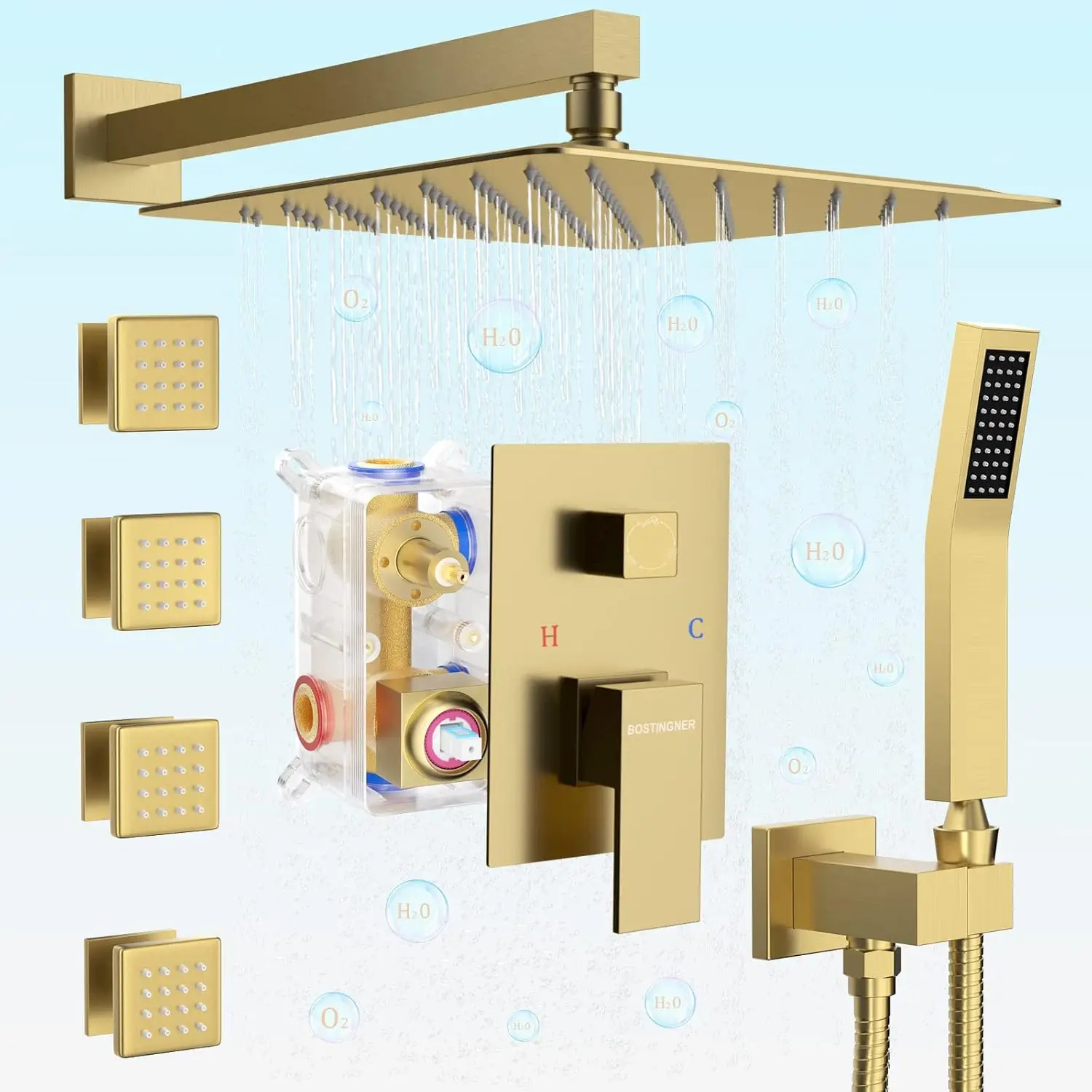 Brushed Gold Rain Shower System With Body Jets, 10 Inch Rain Shower Body Spray Jets System Wall Mounted Shower Faucet Set With