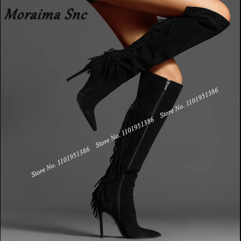 

Moraima Snc Black Side Zipper Fringe Decor Boots Solid Knee High Boots Pointed Toe Shoes for Women High Heels Zapatillas Mujer