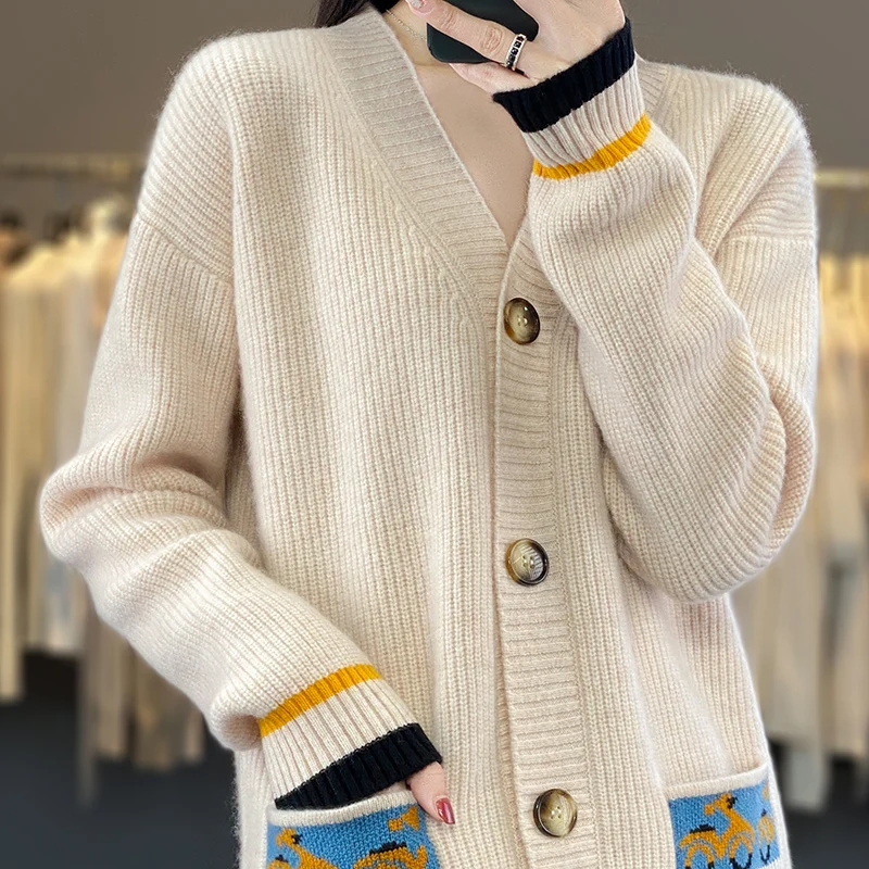 

Autumn and Winter New Pure Wool Knitted Cardigan Women's Mid-Length Outside With Loose and Lazy Wind Thickened Sweater Coat