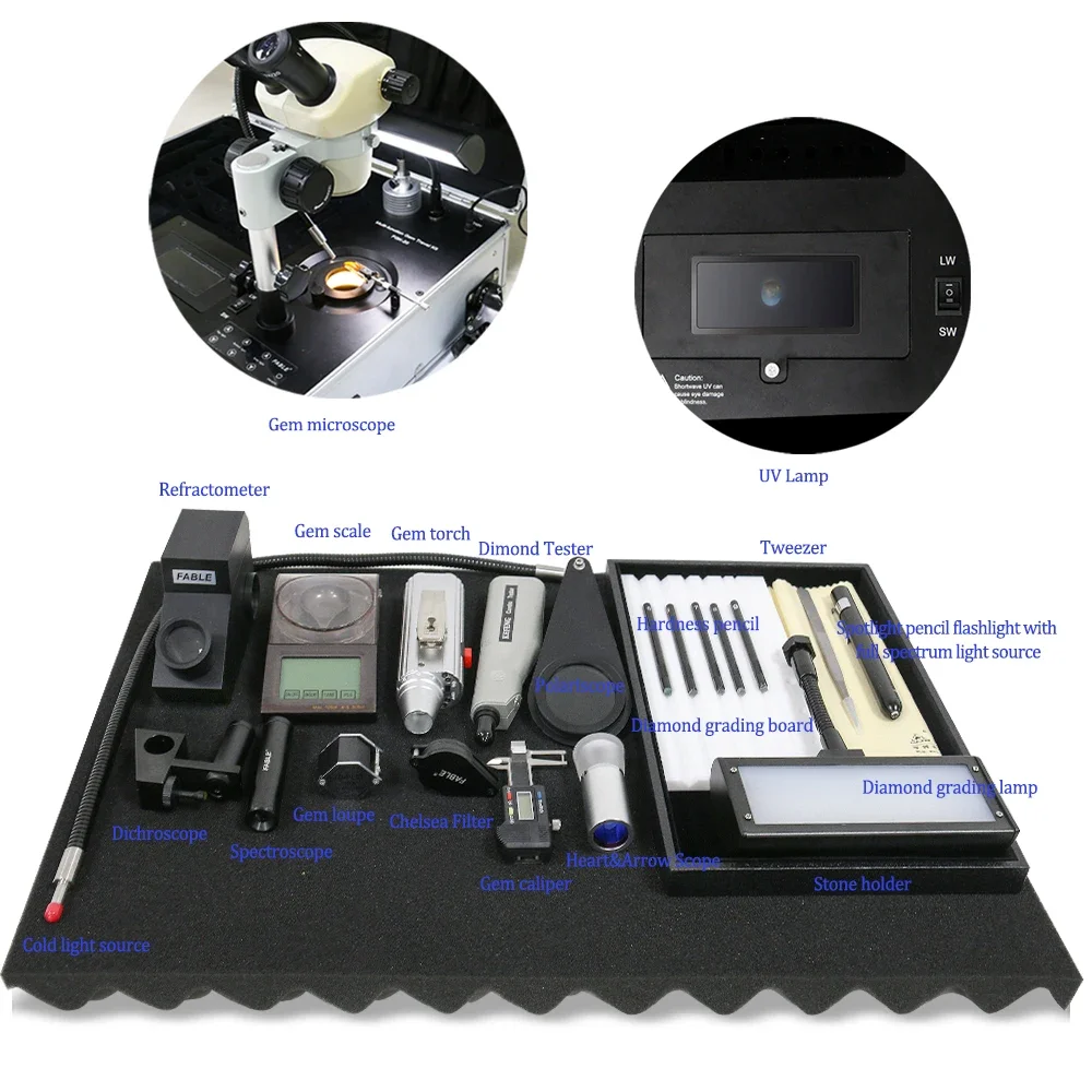 مختبر السفر لتحديد الأحجار الكريمة المحمول عالي الجودة مع 20 نوعًا من أدوات الأحجار الكريمة وأجهزة اختبار المجوهرات والقياسات