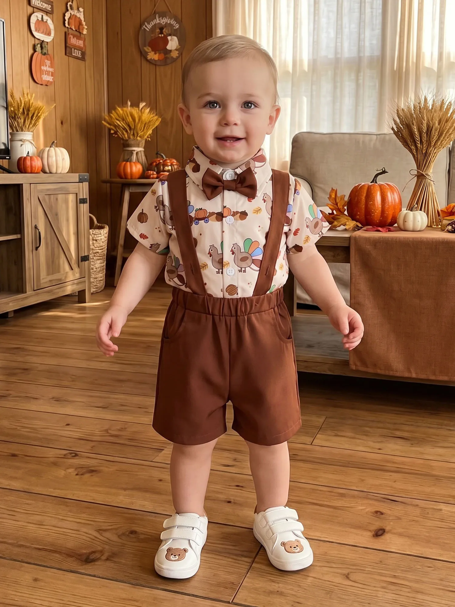 Shorts Baby Boy Thanksgiving Lapel Thanksgiving Outfits Outfits Turkey Print Boy Rompers Suspender Shorts Baby Boy