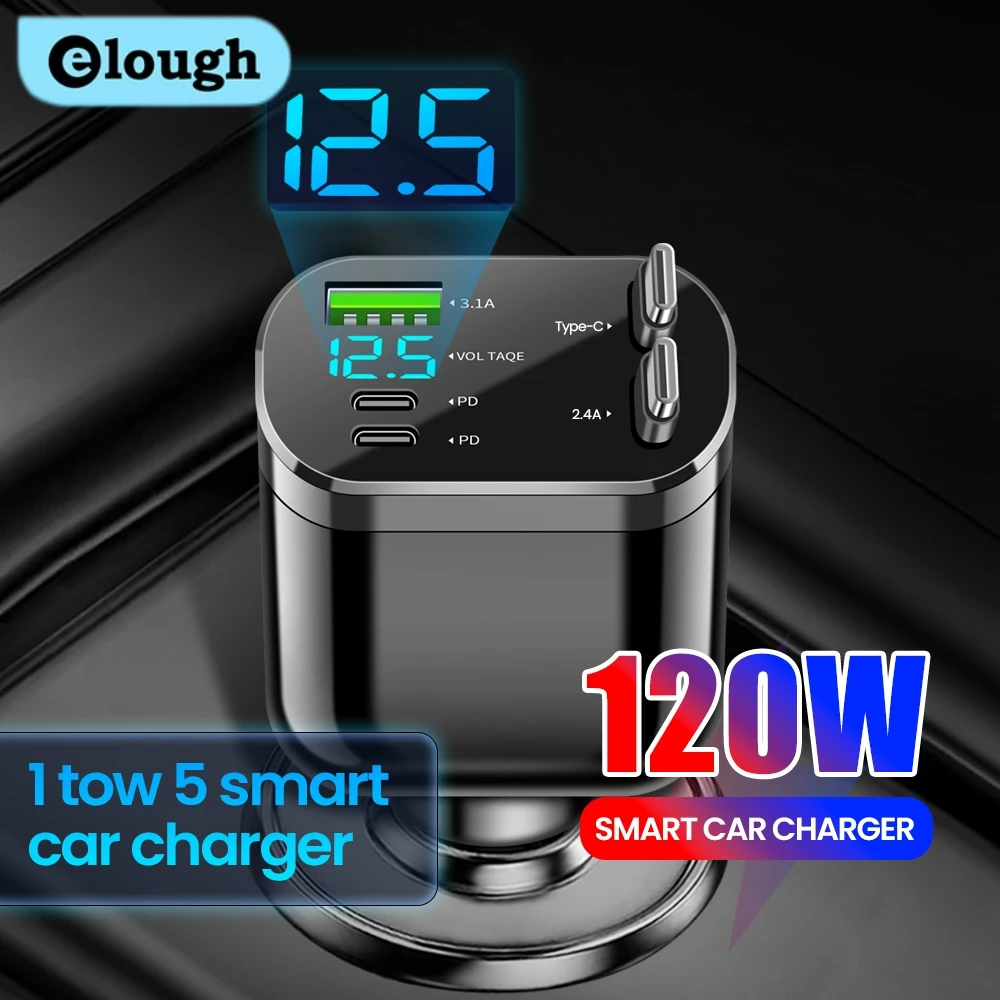 Elough Retractable Car Charger 5 in 1 Fast Charging Car Charger Retractable Cable 2 Type C Ports Car Charger Adapter Compatible