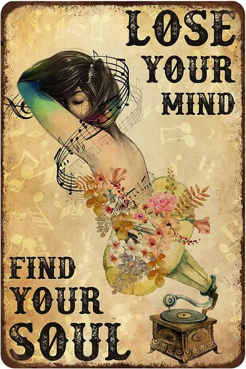 Retro Metal Tin Sign Music Vintage Poster, Lose Your Mind Find Your Soul, Phonograph Record Print, Music Wall Art, Vintage  sign