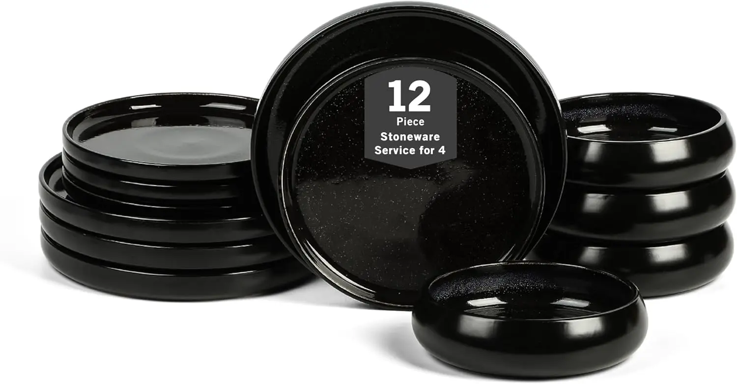 

Lagoon 12-Piece Dinnerware Set Stoneware, Plates and Bowls set, Microwave and Dishwasher Safe, Dish Set for 4, Black