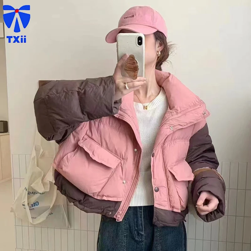 TXii Down Jacket Coat Women's Winter Korean Style Cute Soft Waxy High-end Good-looking Color-matching Short Bread Suit for Small