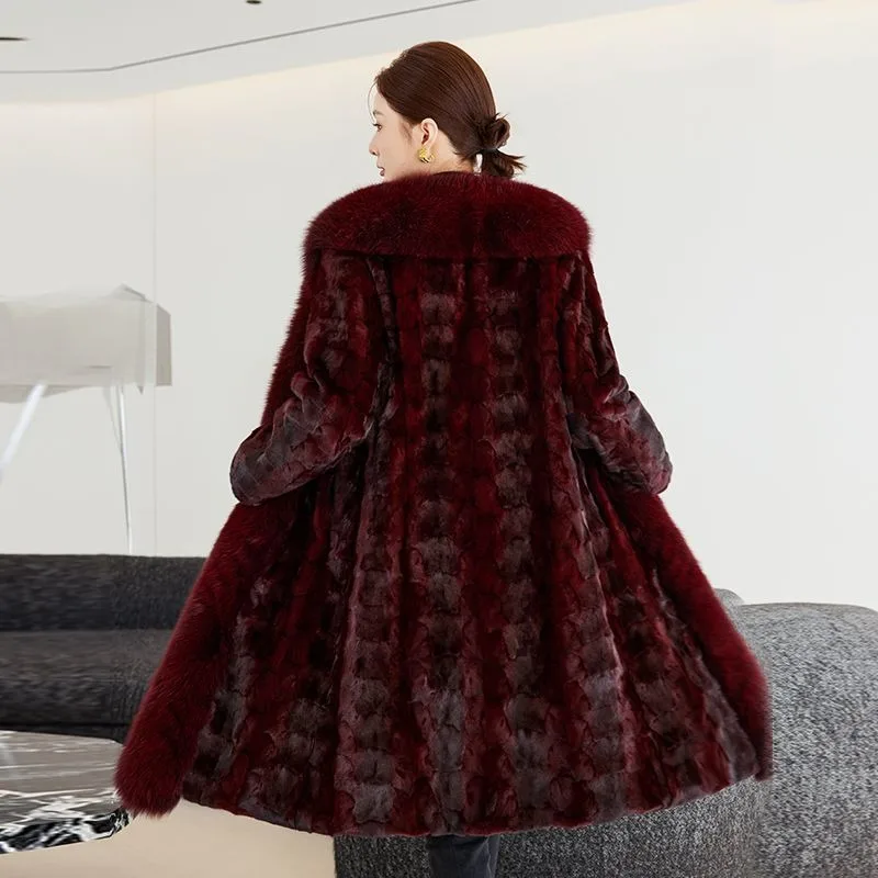 Hot Sales Fashion New winter Real Mink Coat Women Medium Length Mink Fur Coat High Quality Natural Fox Fur Collar Warm Jacket