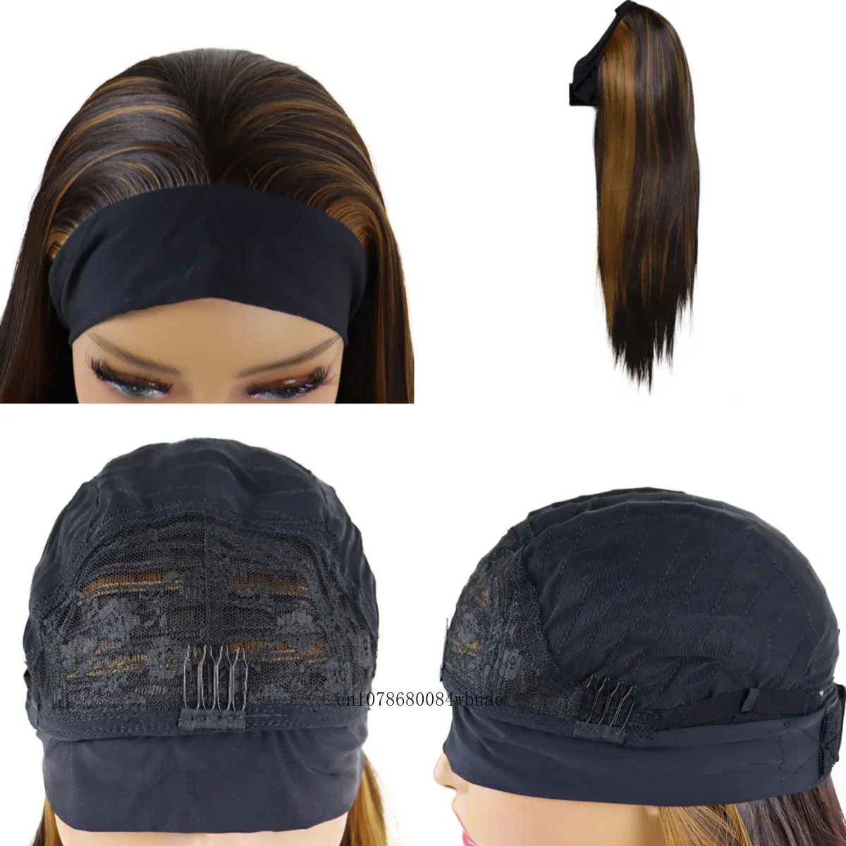 Synthetic Brown Headband Wig for Black Women 23 Inch Long Straight Highlighted Wigs Heat Resistant Natutal Looking Daily Party image 4