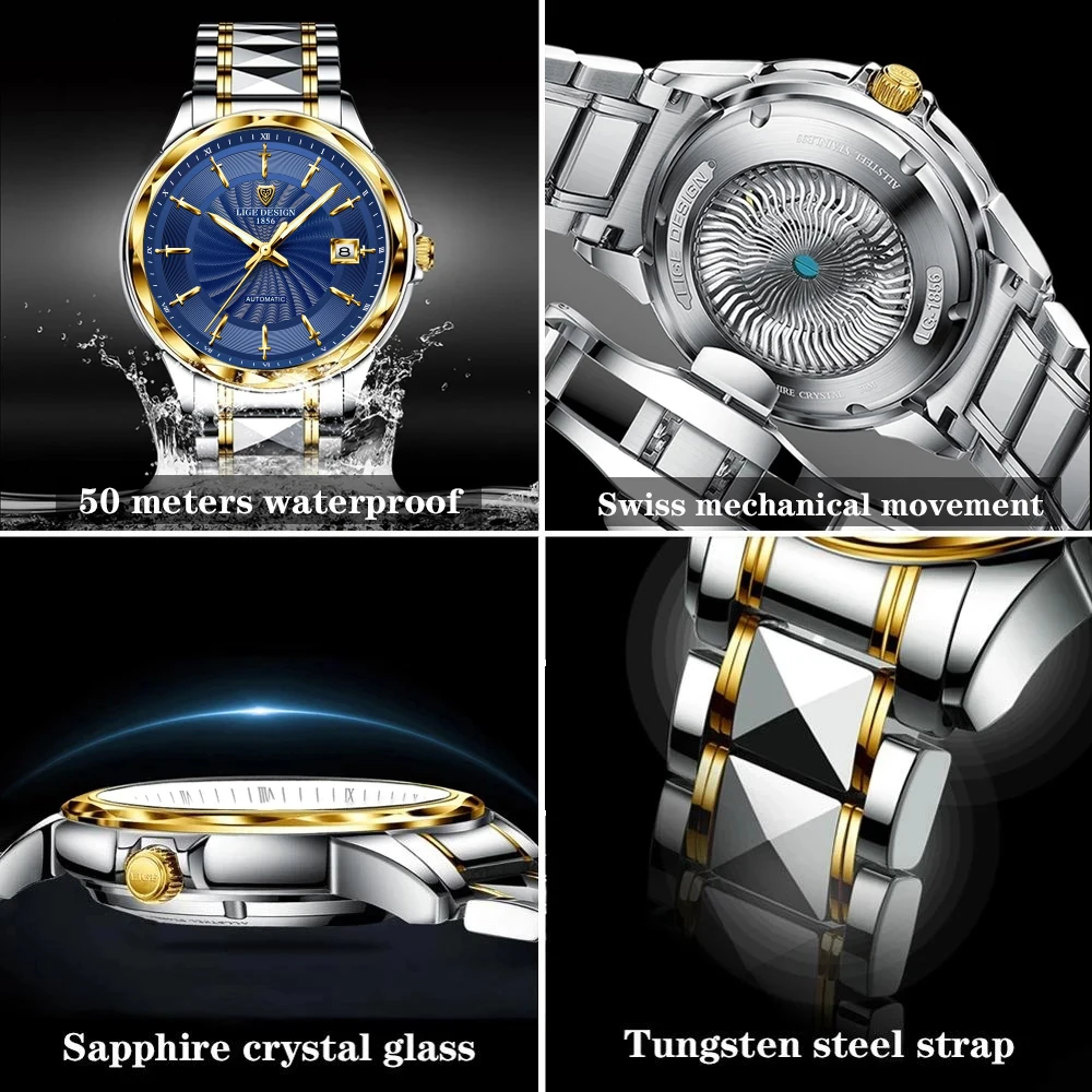 LIGE Luxury Automatic Watch Men Casual Sport Military orologi da polso meccanici da uomo Fashion orologio subacqueo in acciaio al tungsteno per uomo