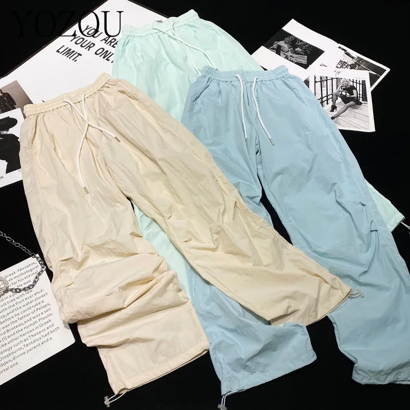 

[YOZOU] Мешковатые брюки-парашюты, тонкие брюки большого размера, женские широкие спортивные брюки для танцев, бежевый, зеленый, синий, ярких цветов, милые