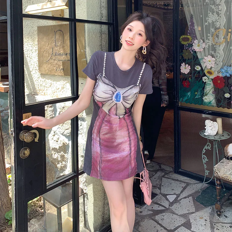 Robe t-shirt imprimée Chic pour femmes, vêtements d'été à manches courtes, Slim Y2k, Style paresseux, mode coréenne, pull, tunique