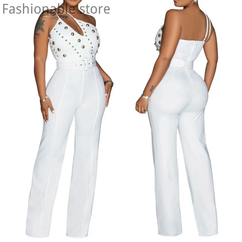 One Shoulder Sleeveless Studded Backless Jumpsuit With Sashes