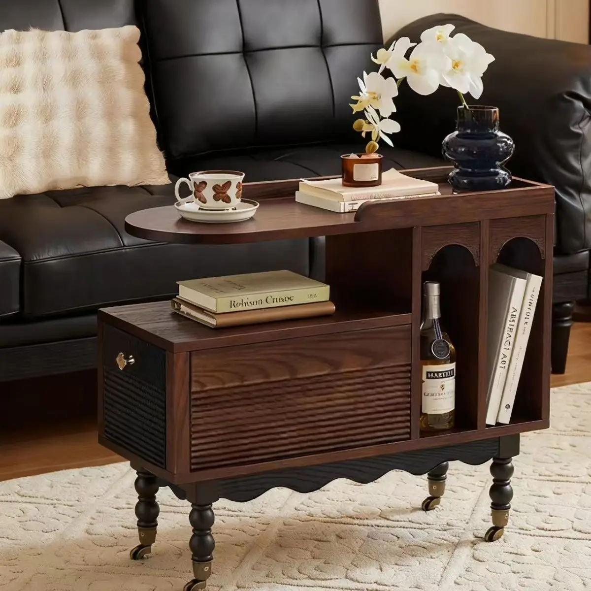 HYS American solid wood trolley living room movable coffee table antique dining car home with wheel edge bedroom bedside table
