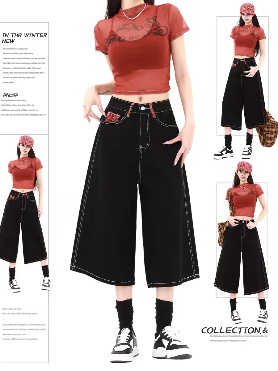 Wanita y2k Vintage merah kotak-kotak Patchwork hitam Jeans adegan Inggris gaya Inggris Streetwear celana crop baju Fashion Korea