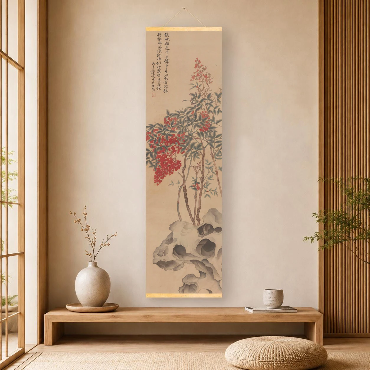 Traditional Chinese flower and bird painting Nantianzhu (Tianzhu) and the Taihu Lake Lake stone decoration hanging painting