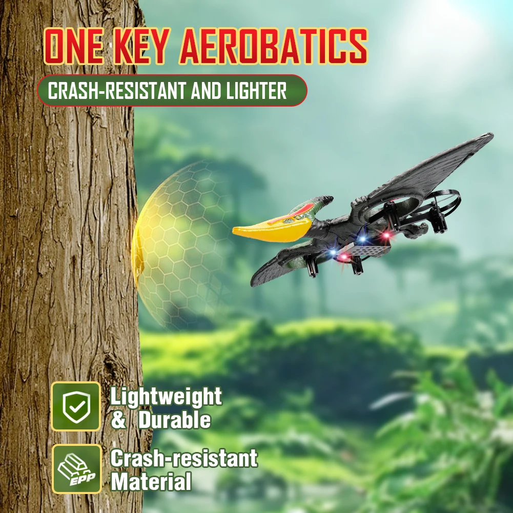 RC Plane 2.4G 6-Axis Gyro Pterosaur RC Drone 360 Degree Mini Dinosaur RC Aircraft with LED EPP One Key Take-Off Airplane Toys