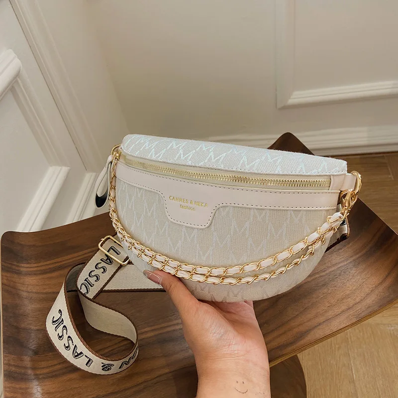 Printed Letter Plaid Pattern Fanny Packs For Women Fashionable Chain Waist Bag Female Waist Pack Ladies Wide Strap Crossbody Bag