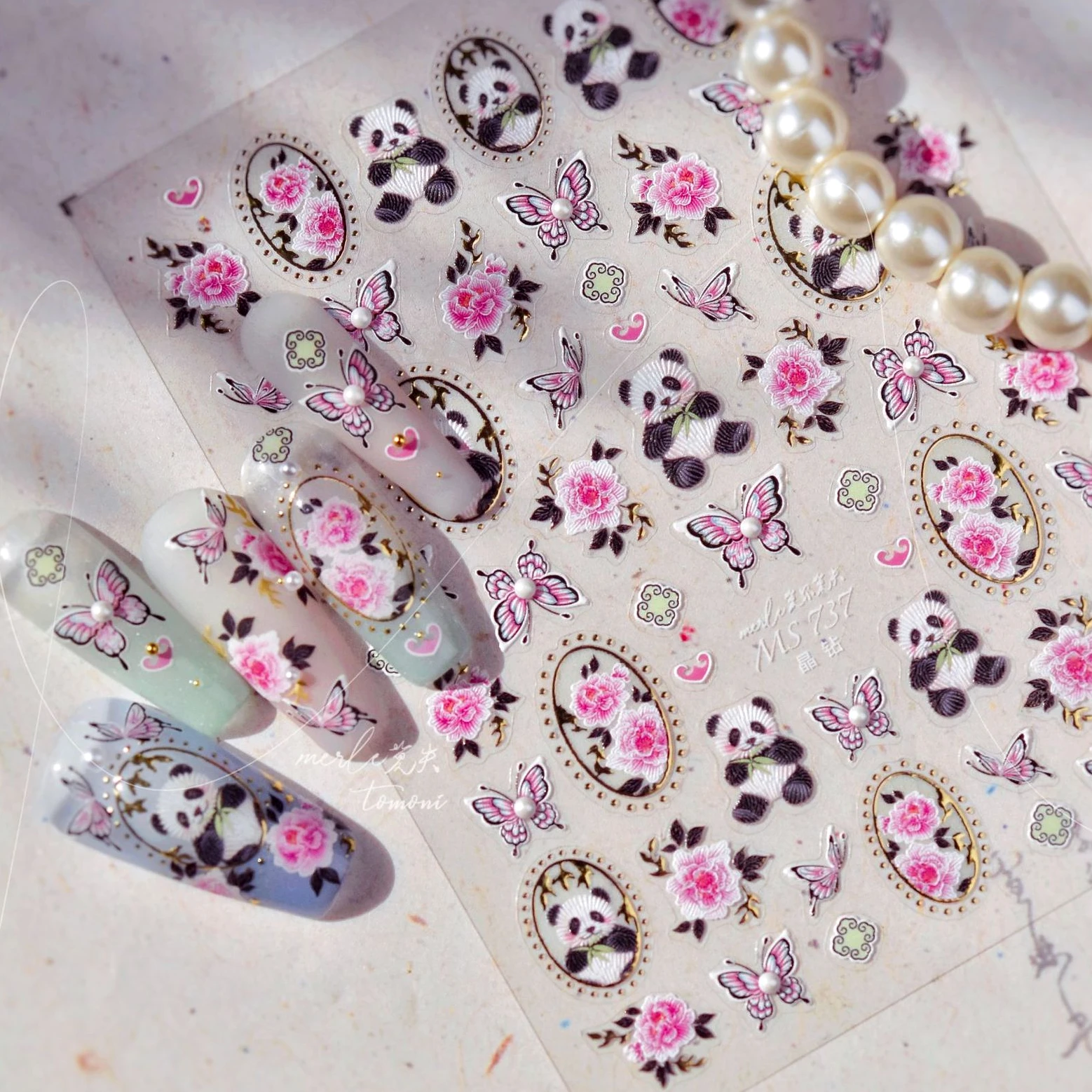 Panda Bamboo Butterfly Pattern Totem Figure Peony Flower Love Heart Adhesive Nail Art Stickers Embroidery Pearl Manicure Decals