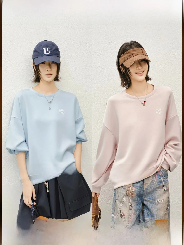 

MeiYang Sea Salt Bubble Hoodie Washed Modal round Neck Letter Heart Throbbing Style Women's Loose Fit Long Sleeve Polyester B...