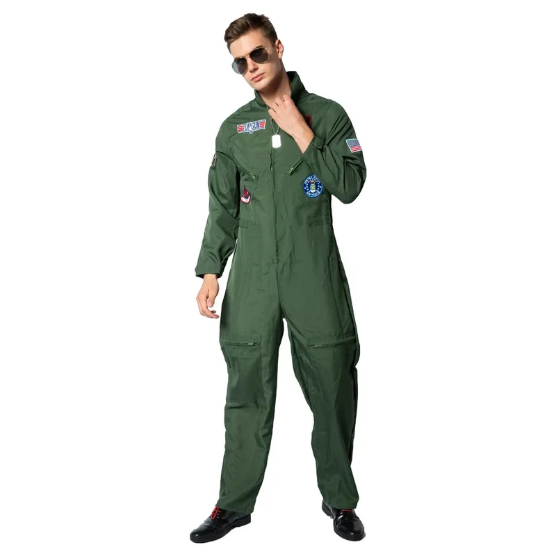 Uniforme da Força Aérea Americana para Crianças e Adultos Trajes de Halloween para Homens e Mulheres Macacão Verde Exército Trajes de Piloto Militar, Cosplay Filme Top Gun