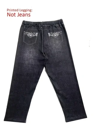 Damen Capri-Leggings aus Kunstjeans mit Blumenmuster, hoher Taille, Stretch, kurze Skinny-Jeggings mit Fake-Pockets, nicht aus Denim, Alltagshose – Detail 6