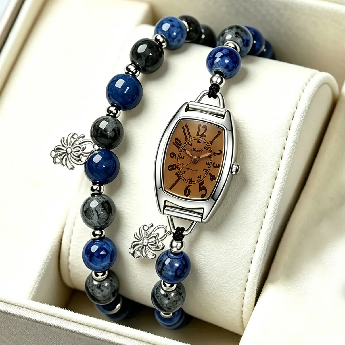 Korean Style Beaded Watch for Women Candy Fashion Digital Dial Firework Pendant Bracelet Watch Set 2 Pieces