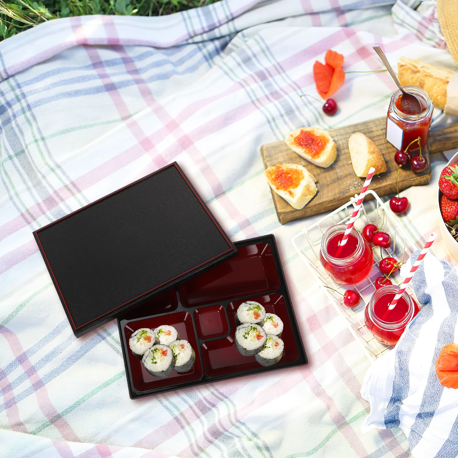

Lightweight ABS Compartment Wood Grain Bento Box Portable Lunch Container Sushi Eel Storage for Picnic Outdoor