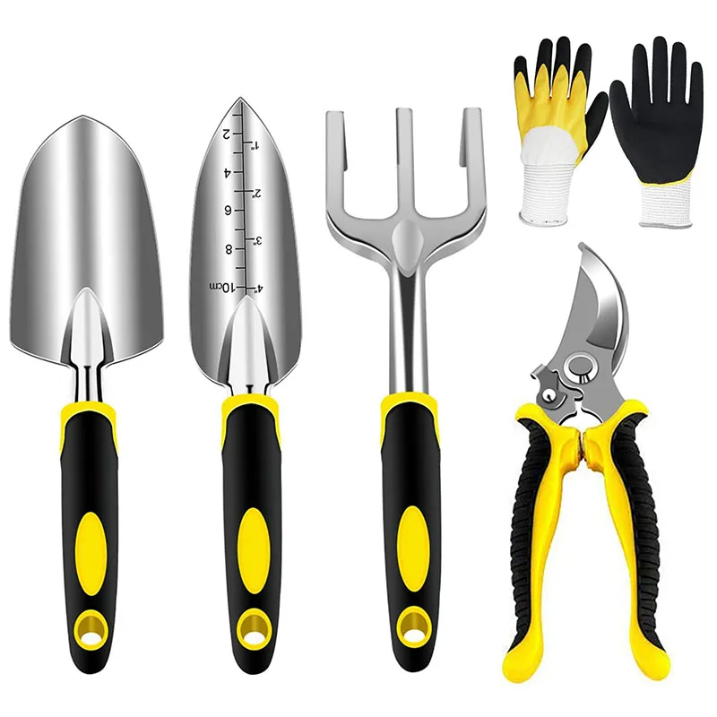 

Garden Tool Set 5PCS Aluminum Gardening Tools Kit With Gloves Pruning Shear Rake Shovel Trowel Indoor Outdoor Hand Planting Kit