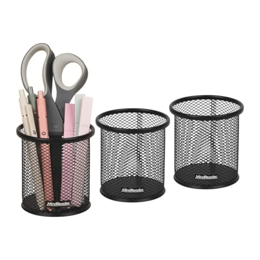 

Pen and Accessories Holder, Desktop Organizer, Office, Metal Mesh, 3.5"L x 3.5"W x 3.75"H, Set of 3
