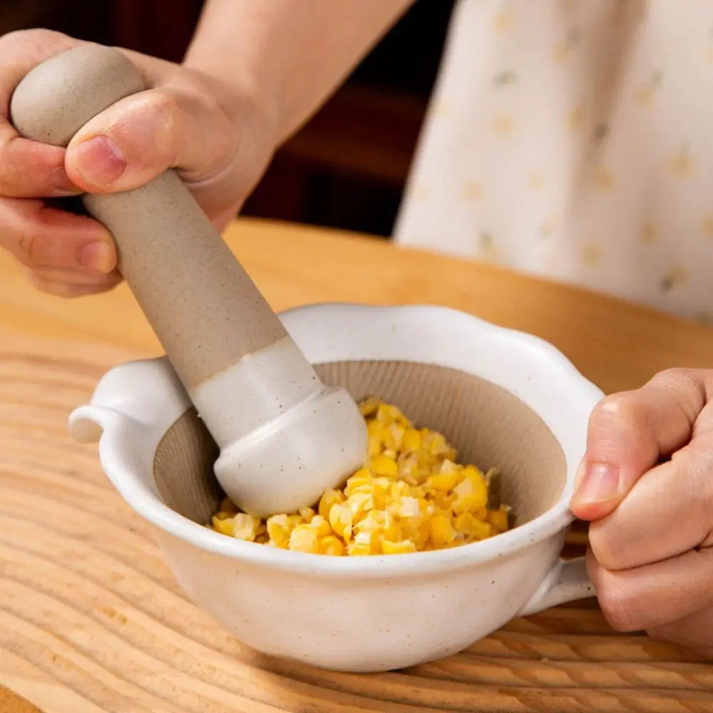 Manual Ceramic Grinding Bowl Vintage with Grinding Rod Rice Paste Bowl Handle Safety Dessert Bowls Garlic Ginger Grinding