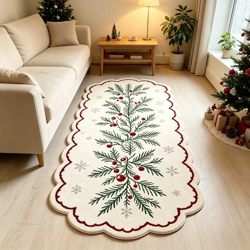 Stacked Snowman Christmas Runner Rug Soft Plush Xmas Floor Mat Snowflake Gift Holly Print For Porch Holiday Scene Arrangement