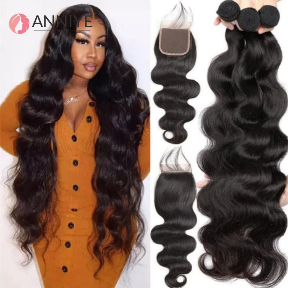 未処理バージンヘアのボディウェーブヘア、3つのヘアウィーブバンドルと4x4レースクロージャー付きボディヘアエクステンションバンドル（女性用、12Aグレード）