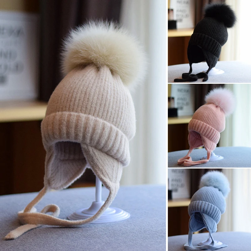 

Real Fur Ball Kids Winter Hat for Girls Boys Warm Ears Big Pompom Children Knitted Cap Cotton Lining Baby Cap Child Bonnet 2-8Y
