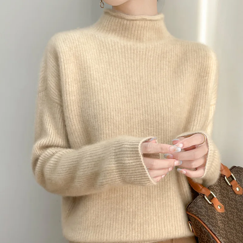 

Basic 100% Merino Wool Mock Neck Solid Color Sweater Pullover Cashmere Long Sleeves Women Comfort Warm Soft Clothing Top