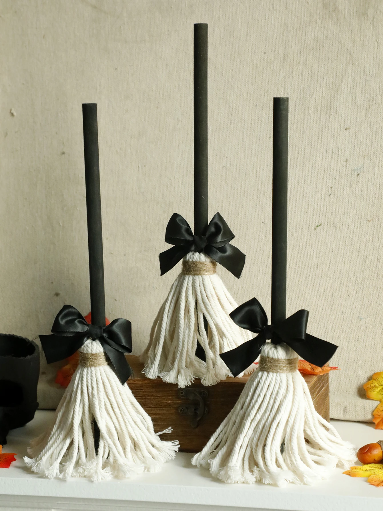1, 3pcs Halloween Witch Broom Decorations Gothic Tabletop Ornaments with Black Bowknot Handmade Craft for Home, Party & Desktop