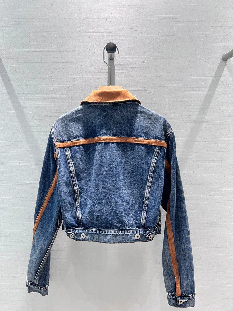 All-Match Contrast Edge Short Denim Jacket For Women High Quality Lapel Long Sleeve Streetwear Blue Jean Coat Lady