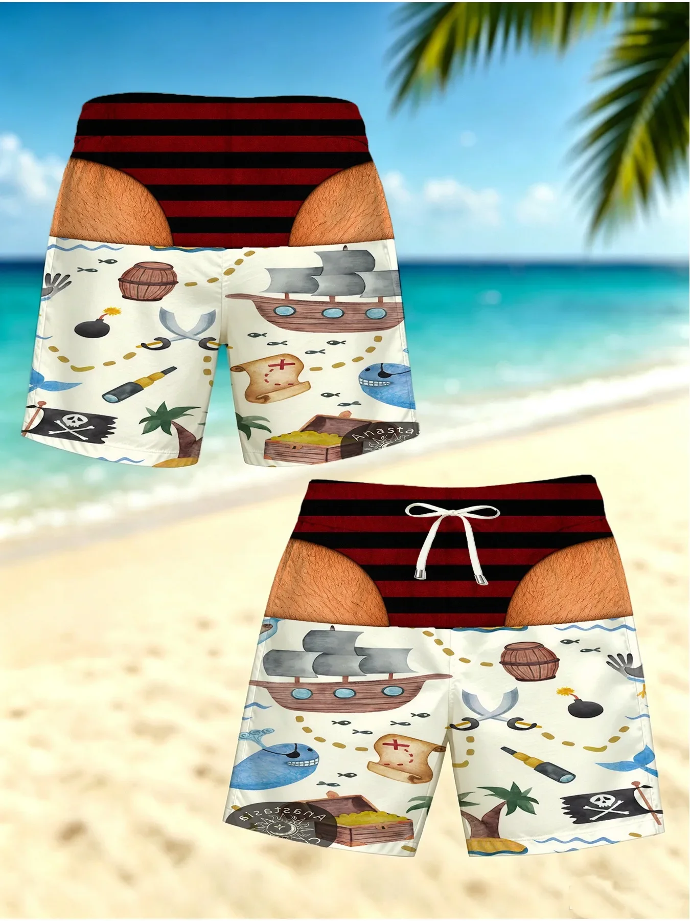 Funny Fake Striped Bikini Waist Men Swim Trunks Cartoon Sea Creature Print Quick Dry Beach Shorts Gag Gift