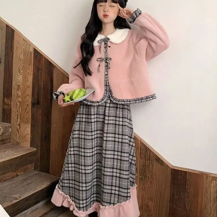 

Sweet Pink Short Coat Woolen Skirt Two-Piece Set For Women New Winter Thickened Warm Gray Plaid Pink Skirt Suit