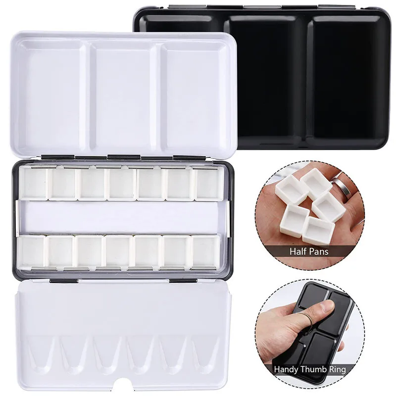 14 Well Empty Pigment Iron Box Palette Thumb Ring Portable Durable  for Solid Watercolor Outdoor Sketching Painting Exercises