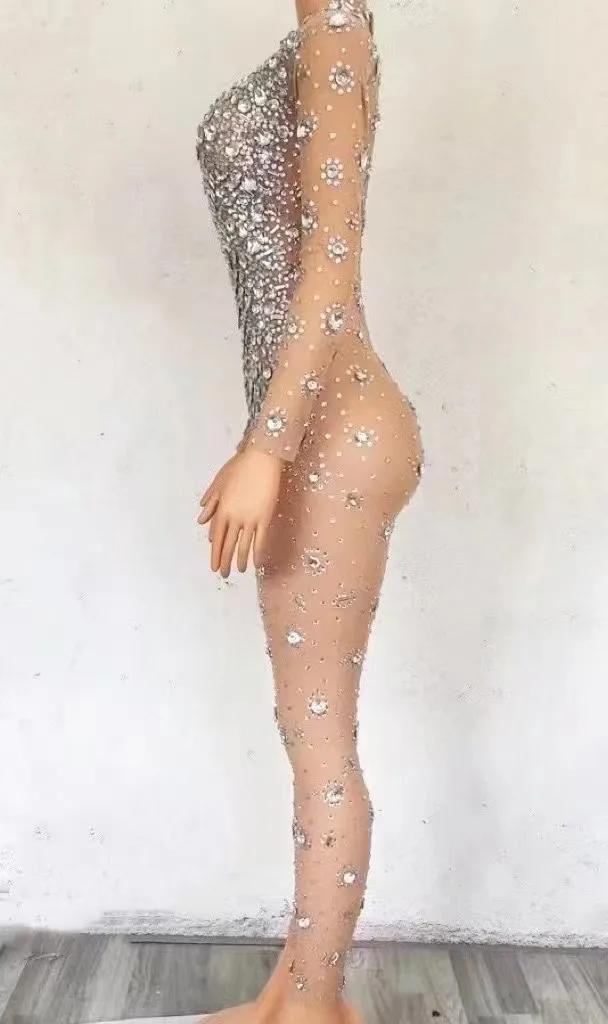 Luksusowe kryształy kryształ Mesh przezroczysty kombinezon dla kobiet urodziny świętować wieczór strój kobiet piosenkarka Show ubiór sceniczny