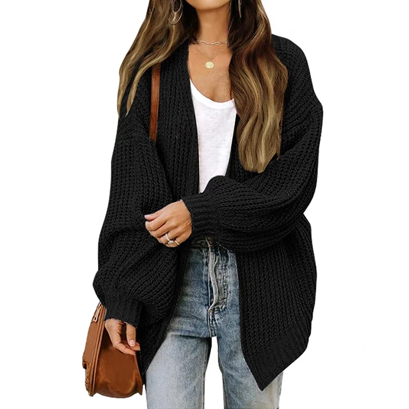 ABRINI Women Loose Casual Sweater Coat Lantern Sleeve Warm Jacket Solid Cardigan Coat Knit Autumn Winter Solid Chic Outerwear