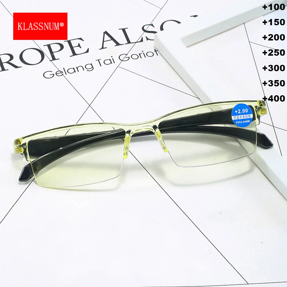 KLASSNUM Small Square Anti Blue Light Reading Glasses Man Women Plus Reading Glasses Clear Yellow Blue Lens +1.0+1.5+2.0+2.5+4.0